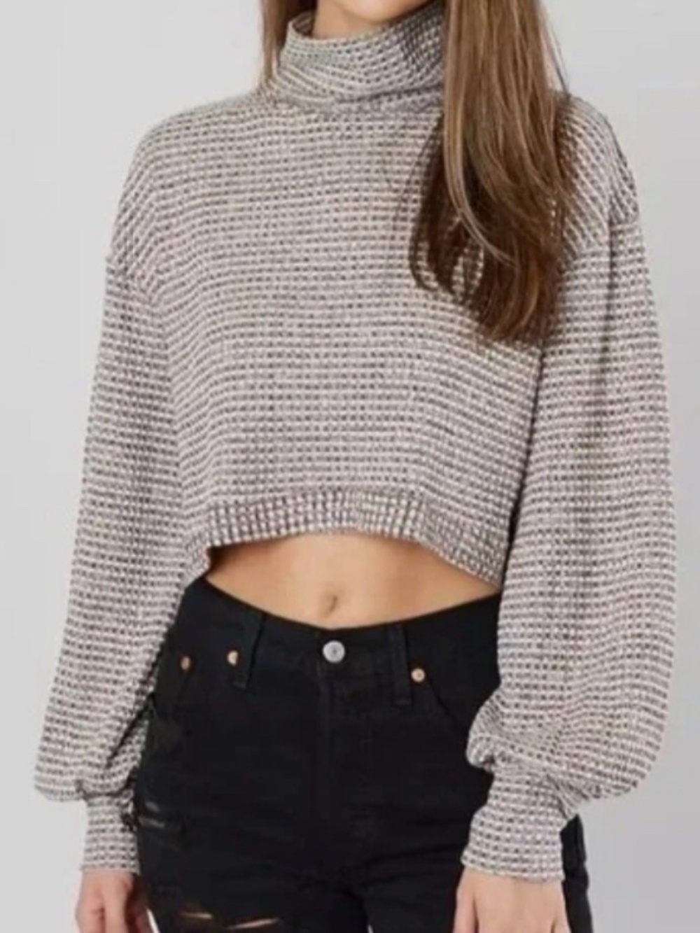 FREE PEOPLE BK TOP CROPPED BALLOON SLEEVES OVERSIZED WAFFLE-KNIT SWEATER